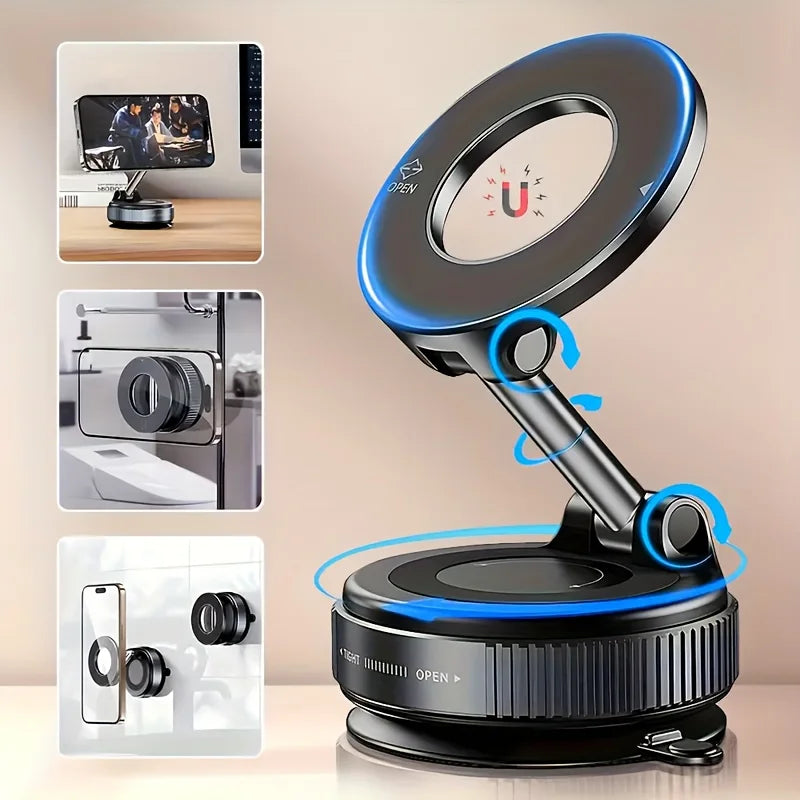 Car phone holder with vacuum adsorption and magnetic suction